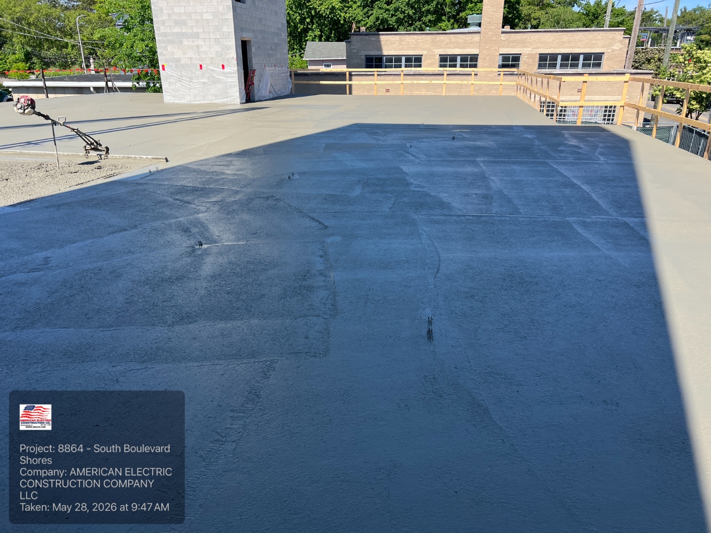 South Boulevard Shores — finished concrete slab, 200 planned stub-up locations, zero protrusions visible across the entire deck. Clean working walking surface.